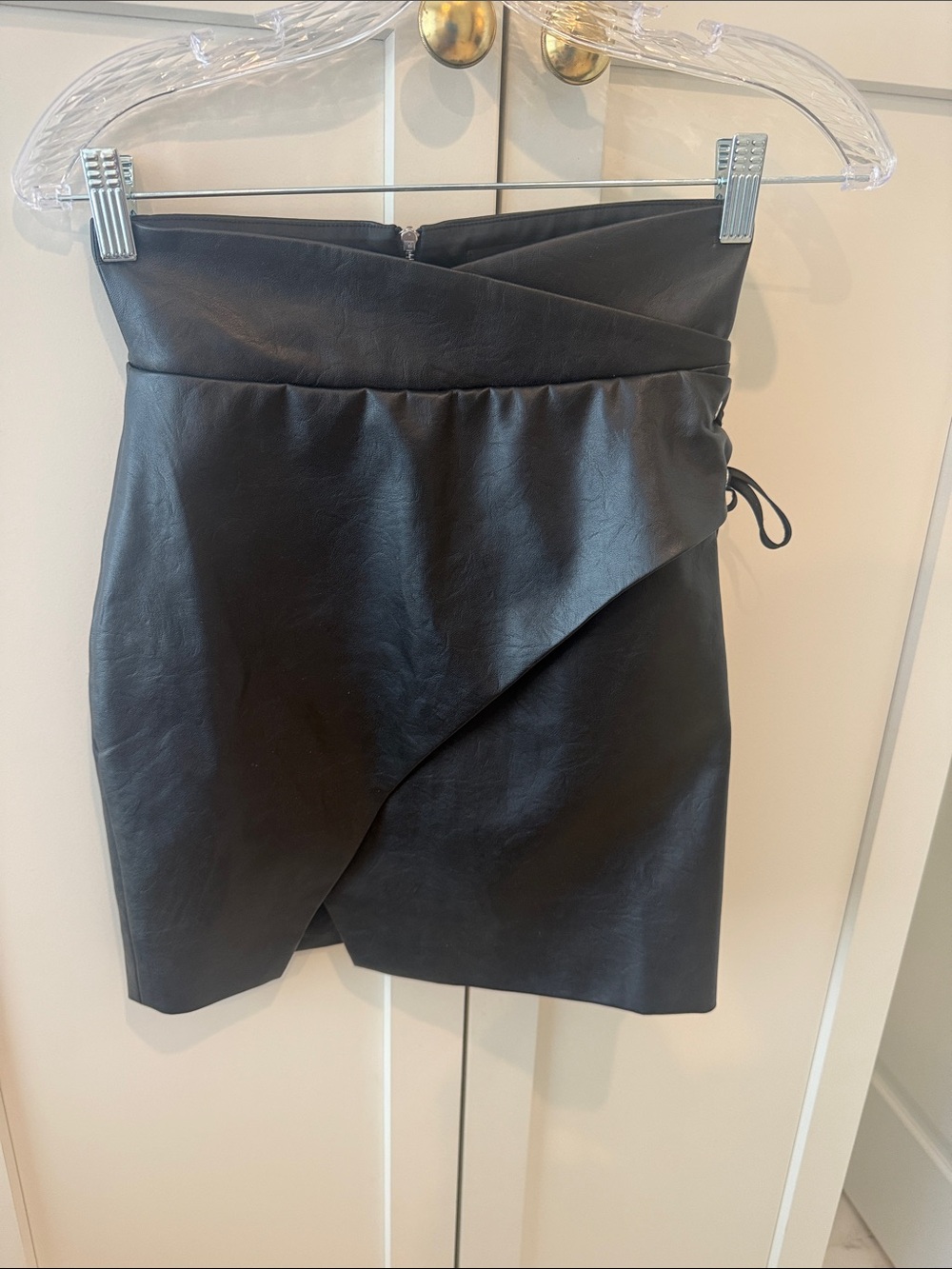 MAJORELLE Black Faux Leather Wrap Mini Skirt